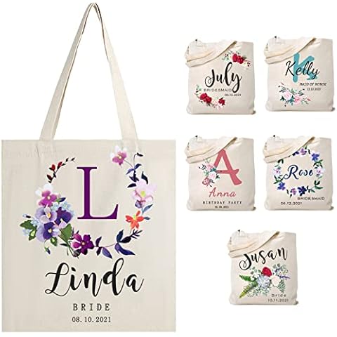 BYWEXCLESD Personalised Canvas Tote Bags for Women Custom Shoulder Bag with Name Letter Flowers Shopping Bags Customised Gift for Wedding Bride Bridesmaid, L Cover