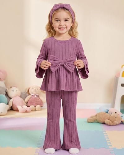 Image of SODLON Baby Girl Clothes Toddler Fall Winter Outfits Ruffle Long Sleeve Bow Top Flared Pants Set Bell Bottom Clothing 18M-5T