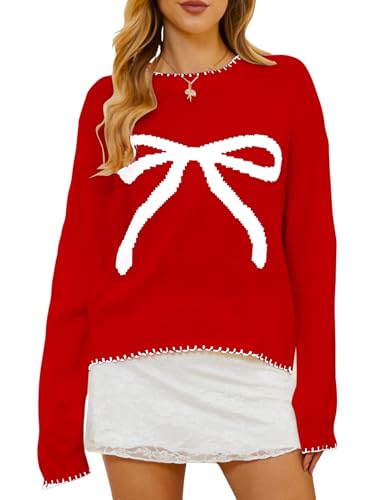 Image of Milumia Women's Bow Print Drop Shoulder Long Sleeve Sweater Crew Neck Knit Fall Tops