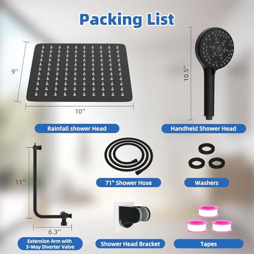 Image of 10 inch Metal Rainfall Shower Head with 10-Mode Handheld, Matte Black