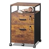 DEVAISE Rollcontainer mit 2 Schubladen und offenen Ablagen, Mobiler Aktenschrank mit Rollen, Druckertisch für DIN A4/Legal/Letter, Schubladenschrank für Büro und Home Office, Retro Braun