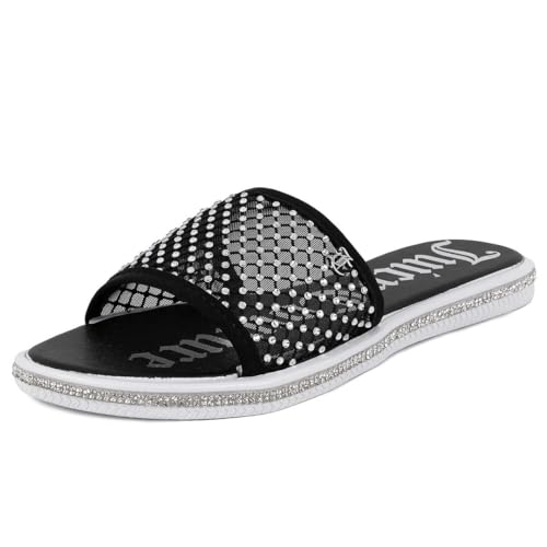 Image of Juicy Couture Women's Slide Sandals - Glitter Bling Open Toe Sparkle Flats - Dressy Summer Casual Footwear