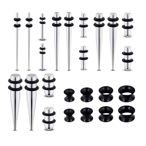 JESMODA 12 Pairs Ear Stretching Kit 8G-0G Stainless Steel Ear Stretcher Set and Silicone Flexible Ear Tunnels Double Flared Flesh Ear Piercing Tapers and Plugs Expanders, Black