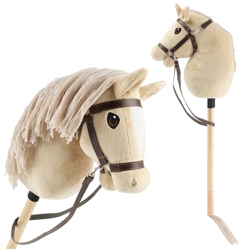 Bieco Hobby Horse Steckenpferd Beige - Größe S mit Trense | Abnehmbarer Stock & Schweif für Springreiten Dressur & Spielen | Hobby Horse Pferde