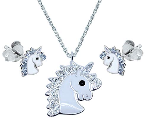 Katy Craig Parure avec collier et boucles doreilles en forme de licorne Argent sterling pailleté