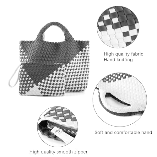 Image of Woven Bag for Women, Neoprene Tote Bag Summer Beach Handbag Purse Retro Handmade Travel Shoulder Bag Set