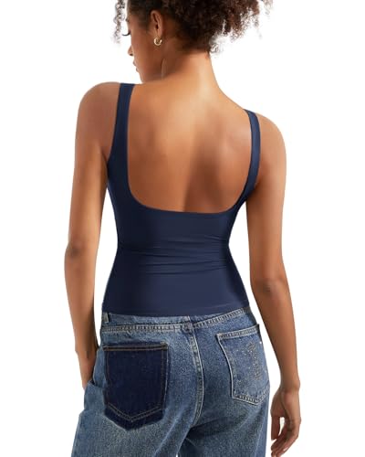 SUUKSESS Women Built in Bra Open Back Boat Neck Tank Tops Double Lined Backless Y2K Going Out Top Basic Shirt (Navy,XS)