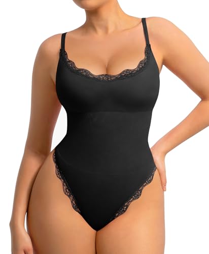 FeelinGirl Lace Bodysuits for Women Shapewear Tummy Control Thong Cami Bodysuit Tops with Adjustable Spaghetti Straps