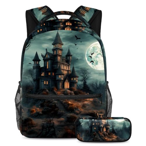 Sac à dos et trousse Château d'Halloween Multicolore #03 pour écoliers