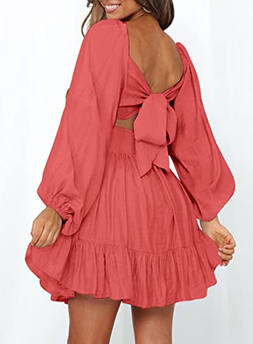 Image of Dokotoo Womens Dress Lantern Sleeve Elastic Waist Tie Backless Mini Dress | Square Neck,Off Shoulder,Flowy,Ruffle A-Line,Casual,Mini Dress,Beach Vacation Clothes,Fall Outifits,Wedding Guest,Boho