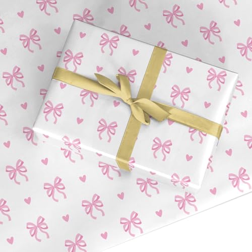 Pink Bow & Heart Wrapping Paper - Elegant Romantic Present Wrap Premium Gift Wrap for Birthdays Mothers Day Anniversaries and Valentines Day - 2 Sheets (50x70cm)