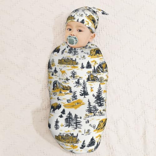 Image of Deer Black Pine Trees Newborn Swaddle Blankets Hat Sets Soft Baby Receiving Blanket Swaddle Sack for Baby Shower Infant Boy Girl Gift