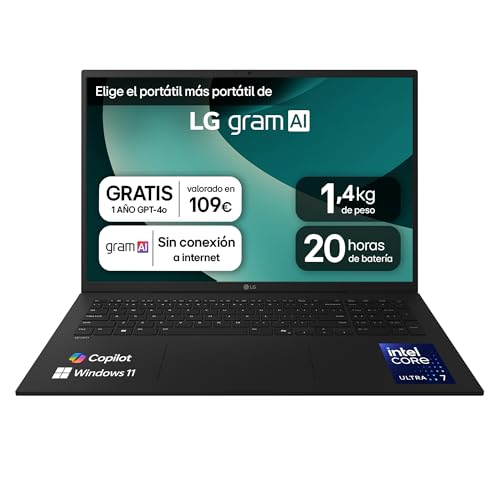 LG gram 17Z90T-G.AD88B Portátil 17 Pulgadas, WQXGA IPS, Intel Core Ultra7, 32GB RAM, 1TB SSD, 1.350 g, Antirreflejo, Batería hasta 20h, Windows 11, Negro