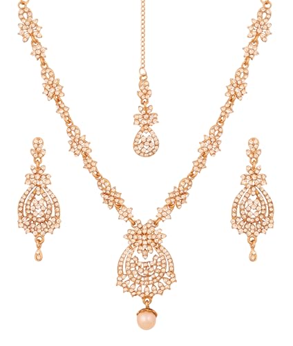 Touchstone Indian Hollywood white rhinestone bridal Designer jewelry necklace set in antique gold tone for women