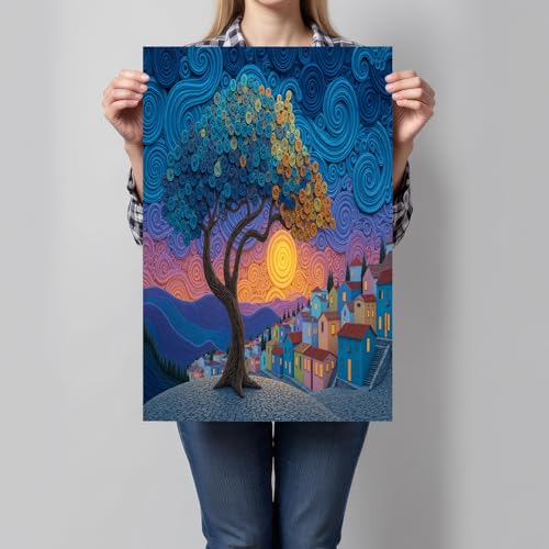 Lienzo póster de relieve árbol fantasía de 70x100cm en azul marino para decoración moderna