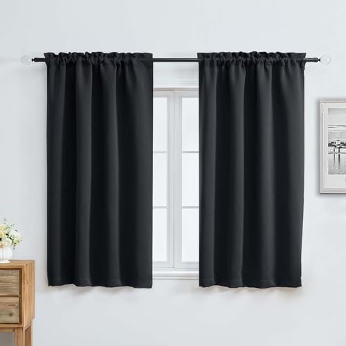 Image of Aiyufeng Halloween Black Short Blackout Curtains for Bedroom 54 Inches Long 2 Panels Set, Solid Thermal Insulated, Energy Saving Window Treatment Curtains Blackout Drapes, W40 x L54 Inch, Black