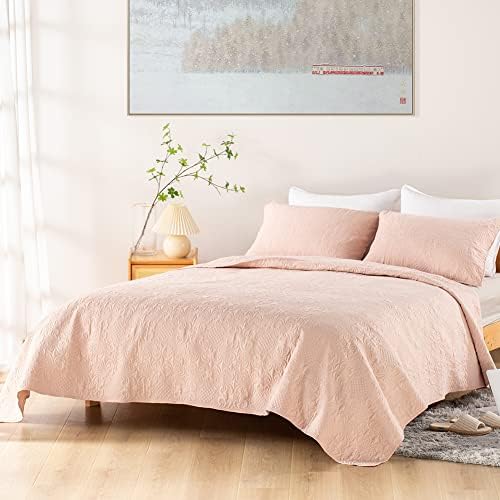 UTOCOM Queen Quilt Bedding Sets & Collections Farmhouse Style Stitch Luxury Neutral Lightweight Soft Quilt Set Pink Bedspread Coverlet for All Season (1 Quilt,2 Pillow Shams)