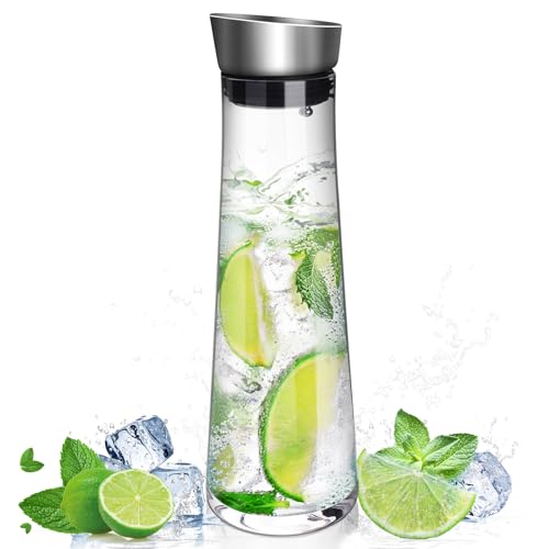 Hisdricus Brocca acqua vetro, caraffa per acqua, 1 litro, caraffa in vetro con coperchio, ideale per tè freddo, acqua calda e fredda, latte, caffè e vino