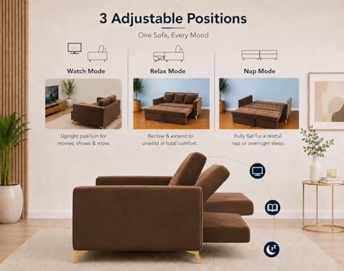 Image of Adorn India Premium Mystic - 3 Years Warranty - 3 Seater Sofa Cum Bed Velvet Suede Fabric - Brown