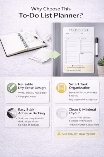 Image of Dry-Erase to Do List Planner, Reusable with Adhesive Backing, 10x15 Inch, to Do, Priorities and Notes Layout
