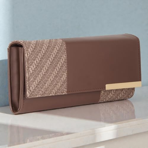 Image of Wallet for Women Girls Stylish Floral Faux Leather with Phone Space Coin Compartment Mobile Storage 4 Card Slots Holder Cash Zip Pockets Hand Clutch for Daily Use Ladies Long Purse (Brown)