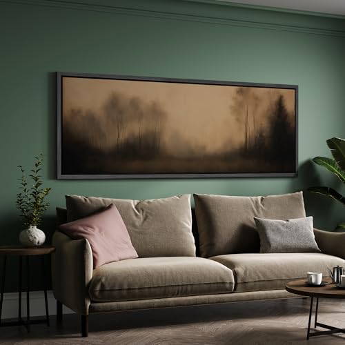 Image of MUDECOR Large Framed Canvas Print Wall Art Misty Forest Trees Moody Brown Landscape Antique Retro Ready to Hang Painting for Living Room Bedroom Multi-Sizes - 60 inchx20 inch