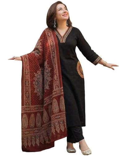 Image of ANNI Designer Women's Rayon Viscose Straight Embroidered Kurta with Pant and Dupatta | V-Neck Kurti Set | 3 /4 Length Regular Sleeves | Soft Comfortable Fabric | 3 Piece Outfit