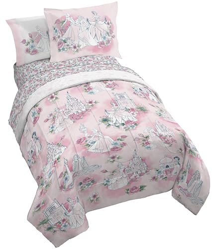 Jay Franco Kids Comforter Set Includes Sheets and Pillow Covers - Soft and Cozy Bed Set for Stylish Room Decor Pink - Disney Princess 5 Piece Twin Bedding