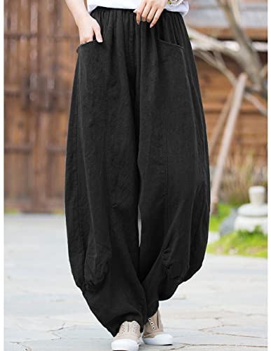 Safeeye Women's Loose Cotton Linen Pants Casual Home Yoga Travel Wide Leg Pants Black M #TOP1