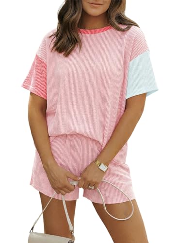 Image of MARZXIN Women 2 Piece Shorts Set 2026 Casual Summer Cruise Outfits Ribbed Loose Short Sleeve Pocket Matching Lounge Sets