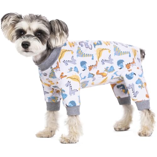 BT Bear Small Dog Clothes, Soft Cotton Puppy Pajamas PJS, Cute Dog Sleeping Clothes, White Dinosaur M, Medium