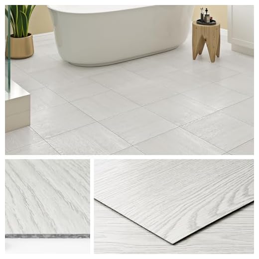 Livelynine Dalle PVC Adhesive Sol Blanc 30x30CM Lino Sol Adhesif Effet Parquet Adhesif Sols Bois Blanc Imperméable Carrelage Adhésif Sols Salle de Bain Cuisine PVC Adhésif Toilette Salon, 4 Dalles