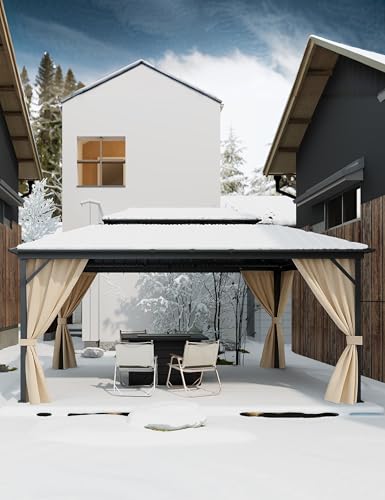 Hardtop Gazebo 12'x16' for All Weather, with Double Metal Roof, Aluminum Alloy Frame, Net, and Curtain, Permanent Building for Patio, Deck, Backyard, Lawn, and Garden, Khaki