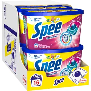Spee Power Caps Color (8 × 16 Waschladungen), Allin1 Colorwaschmittel mit Fleck-Weg-Power & Kalt-Aktiv, Waschmittel Caps mit Extra Frische-Effekt, geeignet für alle Waschprogramme von 20–60 °C
