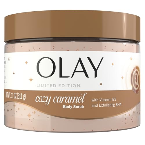 Image of Olay Body Holiday Body Scrub, Skin Exfoliating, Nourishing Soft & Gentle Formula, Renewing BHA, Vitamin B3 Complex, Festive Fragrance, Cozy Caramel Scent with Notes of Caramel & Maple, 11 oz