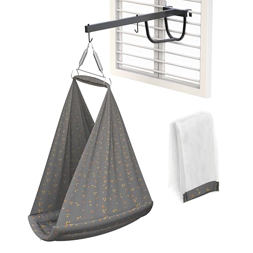 Image of Cherilo Baby Swing Cradle(Jhula) with Mosquito Net, Spring Hanger & Metal Window Cradle Stand - Grey Leaf - Full Set