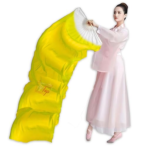 Image of Premium Dancing Long Veil Bamboo Folding Streamer Silk Hand Fan For Dance Shows (Dramatic Yellow, Pack of 2 Pieces)