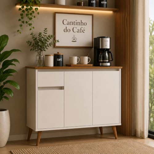 Aparador Balcão Armário Bancada Cozinha Cantinho do Café Buffet Sala de Jantar Bar e Estar com 3 Portas e 1 Gaveta Retrô Veneza (Offwhite/Freijó)