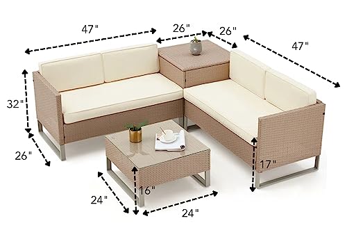 Image of DEVOKO 4 Piece Patio Furniture Set All-Weather Outdoor HDPE Rattan Sectional Sofa with Table & Cushions for Patio, Deck, Garden, Poolside, Yard (Beige and Cream)
