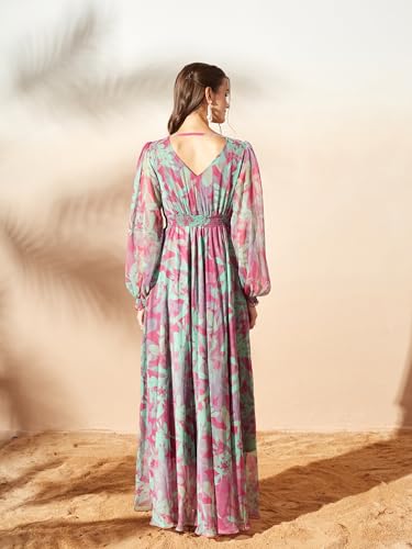 Image of Miss Chase Women's Multicolored-Base-Brown Relaxed Fit Maxi Lurex Chiffon Dress