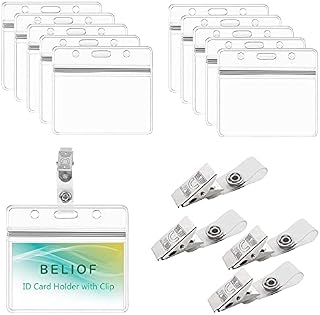 BELIOF 50 Sets ID Badge Holder Plastic Card Holder Name Badges with Clip for Personalized Name Tags Work Horizontal Waterproof (100x86mm)
