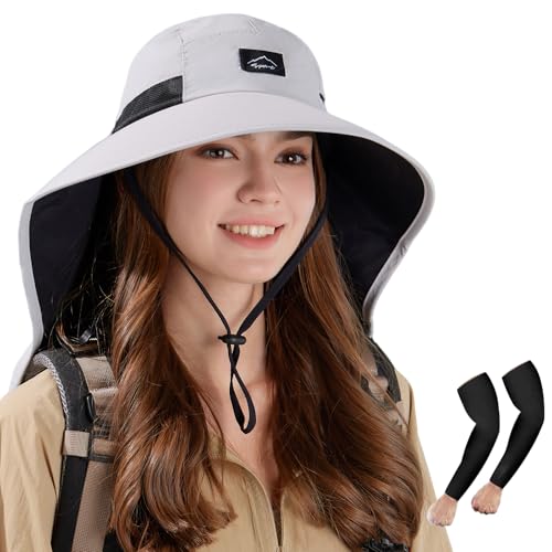 Image of Rosoz Outdoor Sun Hat for Men Women, UPF50+ Protection Safari Cap Wide Brim Mesh Fishing Hat with Neck Flap Beach Garden