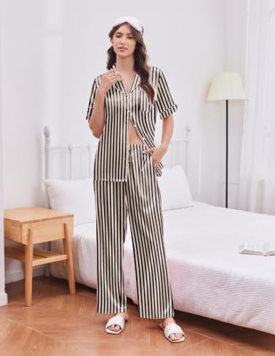 Image of Ekouaer Silk Satin Pajamas for Women Set 2 Piece Short Sleeve Button Up Pjs | Two Side Pockets,Soft Bridesmaid Lounge Set,Bridal Ruffle Sleepwear,Wedding Party,Honeymoon Vacation,Postpartum