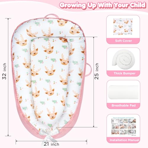 Image of KISS GOLD Baby Lounger - Breathable Soft Cotton Cover Baby Lounger Nest, Babies Essentials Gifts, Portable Lounger for Baby Tummy Time Floor Playing Seated Support for Home and Travel