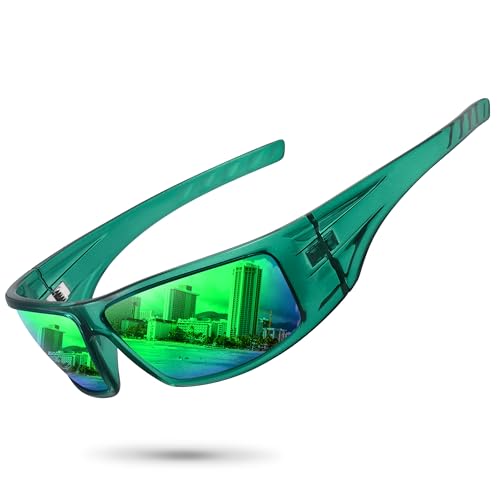 Ofwin Polarized Sports Sunglasses For Men Women Unbreakable Frame Cycling Fishing Wrap Around Sunglasses Uv400 Protection Clear Green Frame/Green Mirror Lens