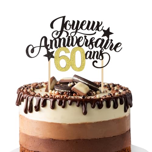 Joyeux Anniversaire 60 ans Cake Topper Décoration de Gâteau Happy Birthday Or Noir Gâteau Cupcake Topper Personnalisée à Paillettes Table pour Mariage Anniversaire Fête