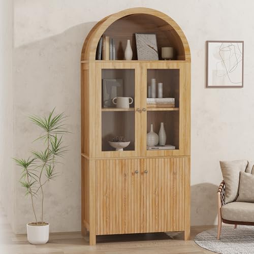Image of LINLUX 71” Tall Arched Cabinet, Versatile Modern Farmhouse Flute Pantry with 2 Tier Adjustable Shelves for Kitchen, Dining Room, Bathroom Anti-Tipping Device Natural Wood
