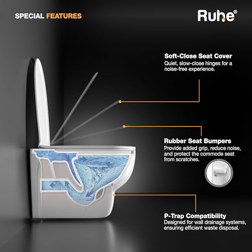 Image of Ruhe Aura Wall-Hung Rimless Western Commode with Washdown Flushing System | P-Trap | 19.6 x 13.5 x 14.5 inches | Ceramic White Glossy Finish, Space-Saving Design | Includes Soft-Close Seat Cover