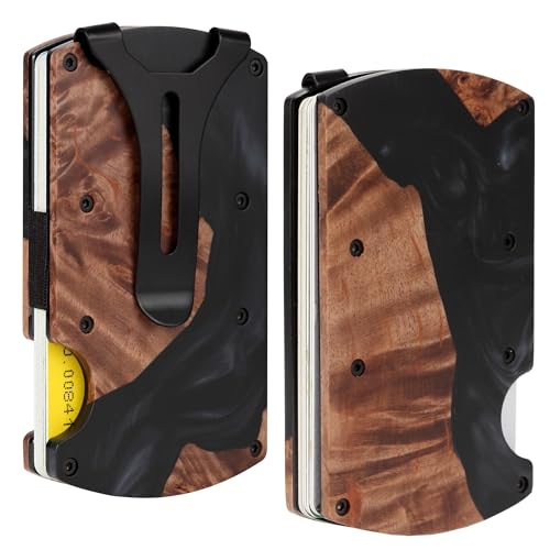 Image of Minimalist Wallet for Men, Slim Metal RFID Blocking Wallet Credit Card Holder Money Clip & Cash Strap, Scratch-Resistant Holds 15 Cards,Ideal Gift for Men | Resin Wood, Unique Pattern,Black
