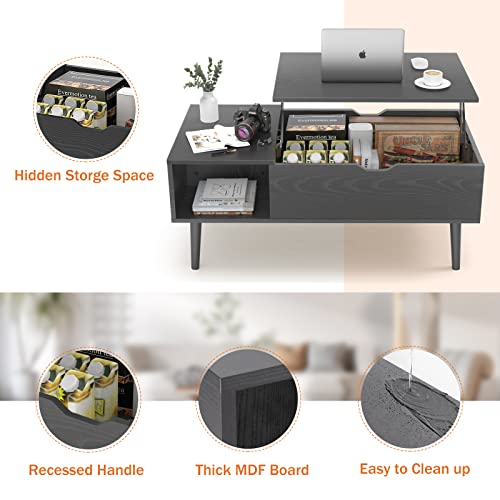 Image of Sweetcrispy Coffee Table Lift Top Coffee Tables for Living Room,Small Rising Wooden Center Tables with Storage Shelf and Hidden Compartment, Black